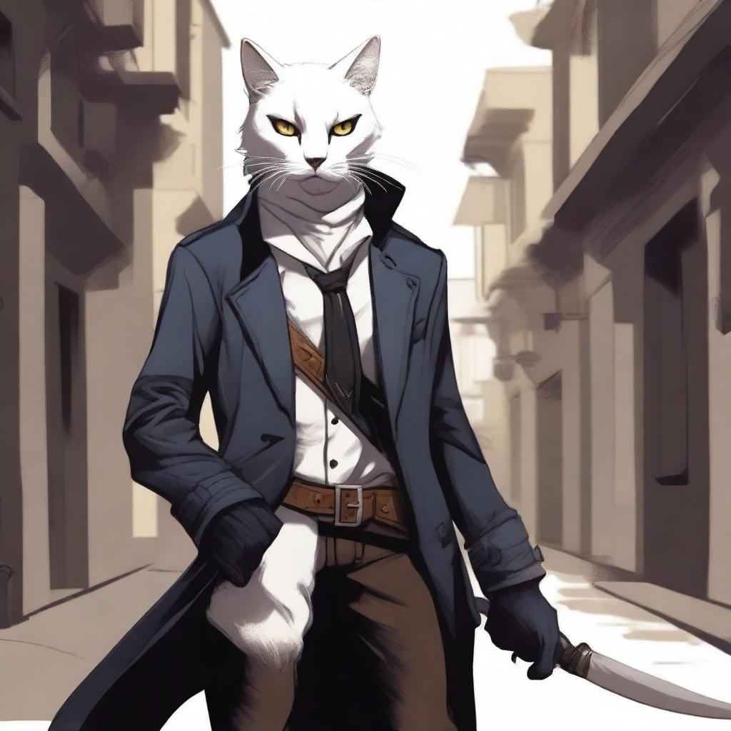 A detailed illustration of a white-furred Tabaxi rogue