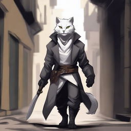 A detailed illustration of a white-furred Tabaxi rogue