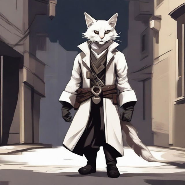 A detailed illustration of a white-furred Tabaxi rogue