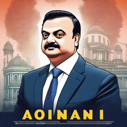 Create a movie poster featuring Gautam Adani titled 'Gautam Adani: The Lord of Developments'