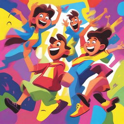 A vibrant and dynamic scene featuring a group of energetic and playful characters in a state of excitement and fun