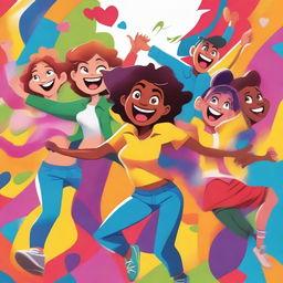 A vibrant and dynamic scene featuring a group of energetic and playful characters in a state of excitement and fun