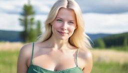 A highly attractive Finnish woman, seen from the waist up