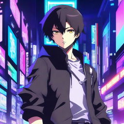 A cold and stern-looking anime boy in a game-like background