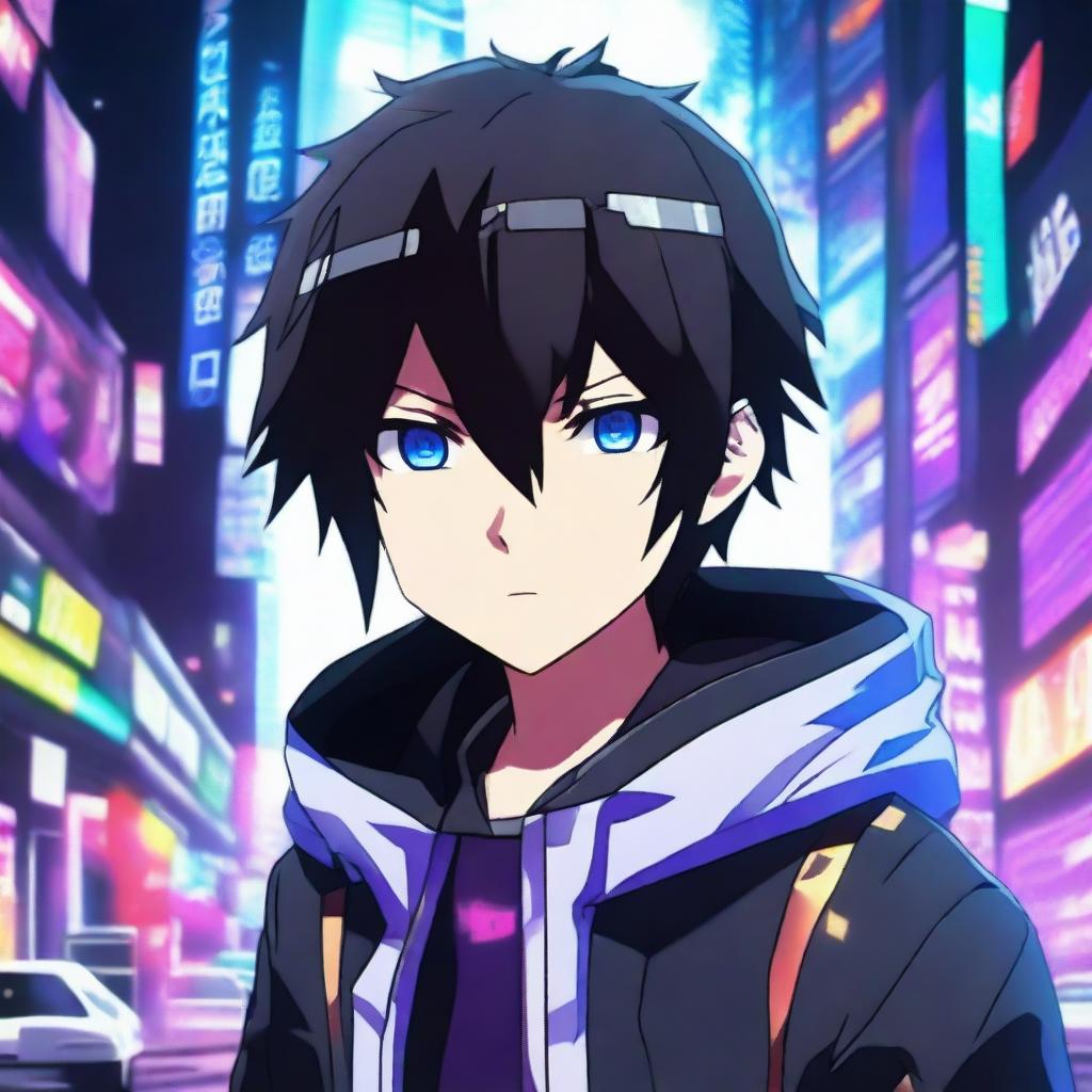 A cold and stern-looking anime boy in a game-like background