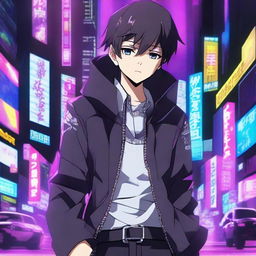 A cold and stern-looking anime boy in a game-like background