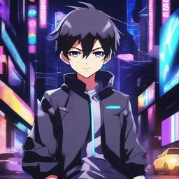 A cold and stern-looking anime boy in a game-like background