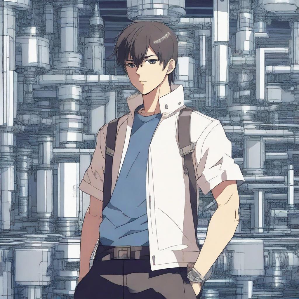 A cold and stoic young man in an anime style, set against a mechanical background