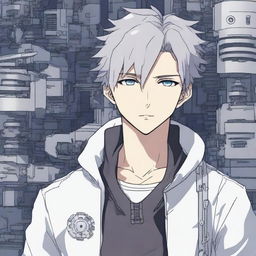 A cold and stoic young man in an anime style, set against a mechanical background