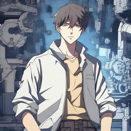 A cold and stoic young man in an anime style, set against a mechanical background