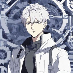 A cold and stoic young man in an anime style, set against a mechanical background