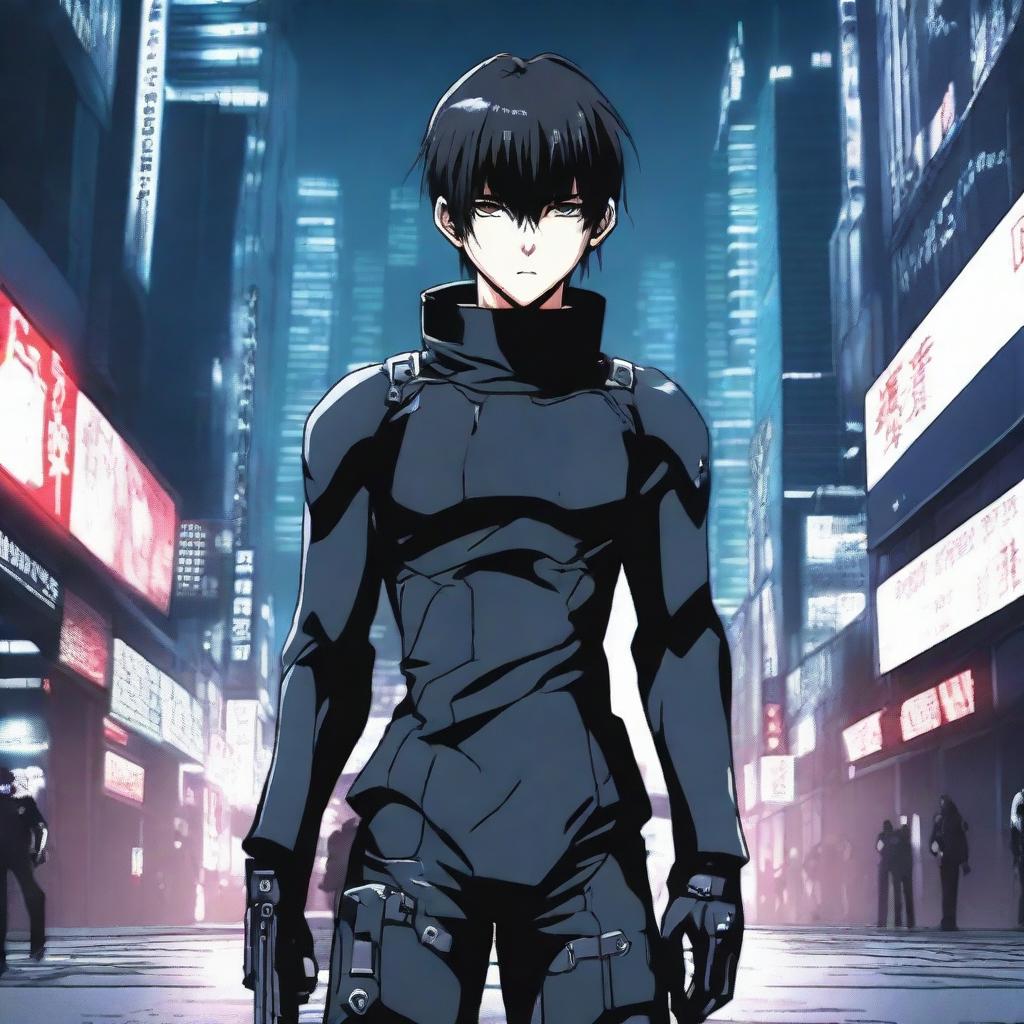 A cold and ruthless anime boy in the style of Gantz, with a dark and intense atmosphere