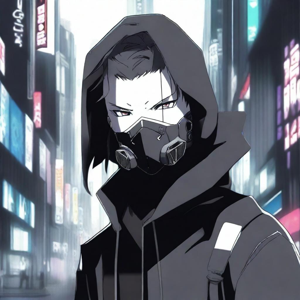 A young man in anime style wearing a cold, ruthless mask, depicted in the style of Gantz