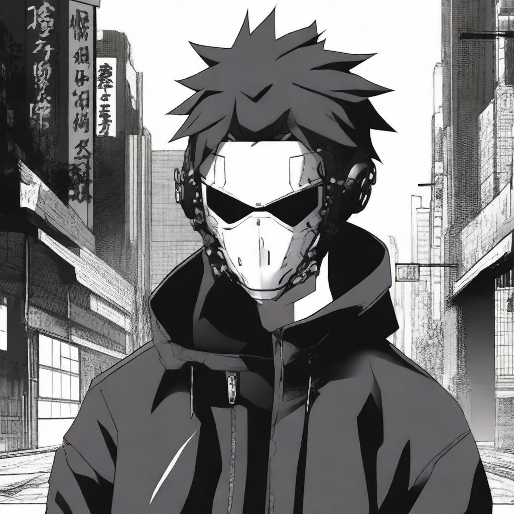 A young man in anime style wearing a cold, ruthless mask, depicted in the style of Gantz