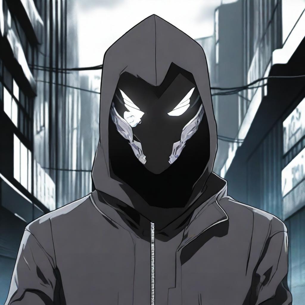 A cold and ruthless masked man in an anime style, inspired by the dark and intense atmosphere of Gantz