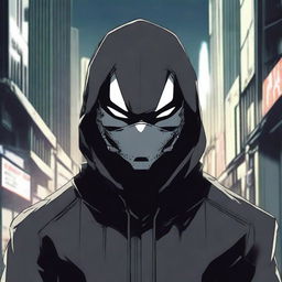 A cold and ruthless masked man in an anime style, inspired by the dark and intense atmosphere of Gantz