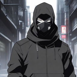 A cold and ruthless masked man in an anime style, inspired by the dark and intense atmosphere of Gantz