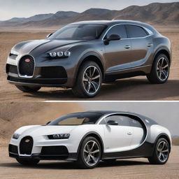 Bugatti cars transformed into luxury SUVs, maintaining the unique Bugatti luxury and high-performance aspects but redesigning for more space, durable frames, and off-road functionalities.