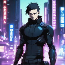 A cold, ruthless young man in the style of Gantz, featuring dark, futuristic elements