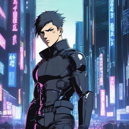 A cold, ruthless young man in the style of Gantz, featuring dark, futuristic elements