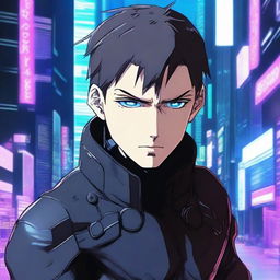 A cold, ruthless young man in the style of Gantz, featuring dark, futuristic elements