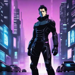 A cold, ruthless young man in the style of Gantz, featuring dark, futuristic elements