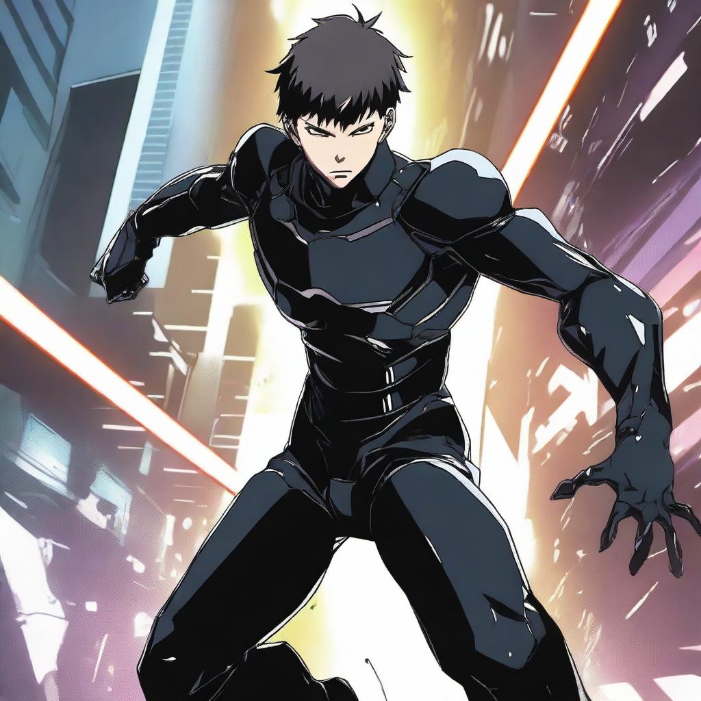 A young man in an anime style inspired by Gantz, engaged in an intense battle