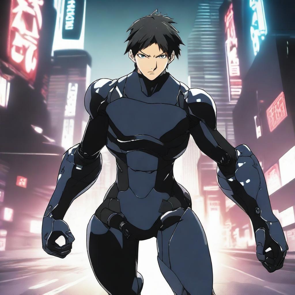 A young man in an anime style inspired by Gantz, engaged in an intense battle