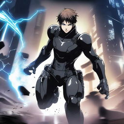 A young man in an anime style inspired by Gantz, engaged in an intense battle