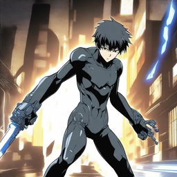 A young man in an anime style inspired by Gantz, engaged in an intense battle