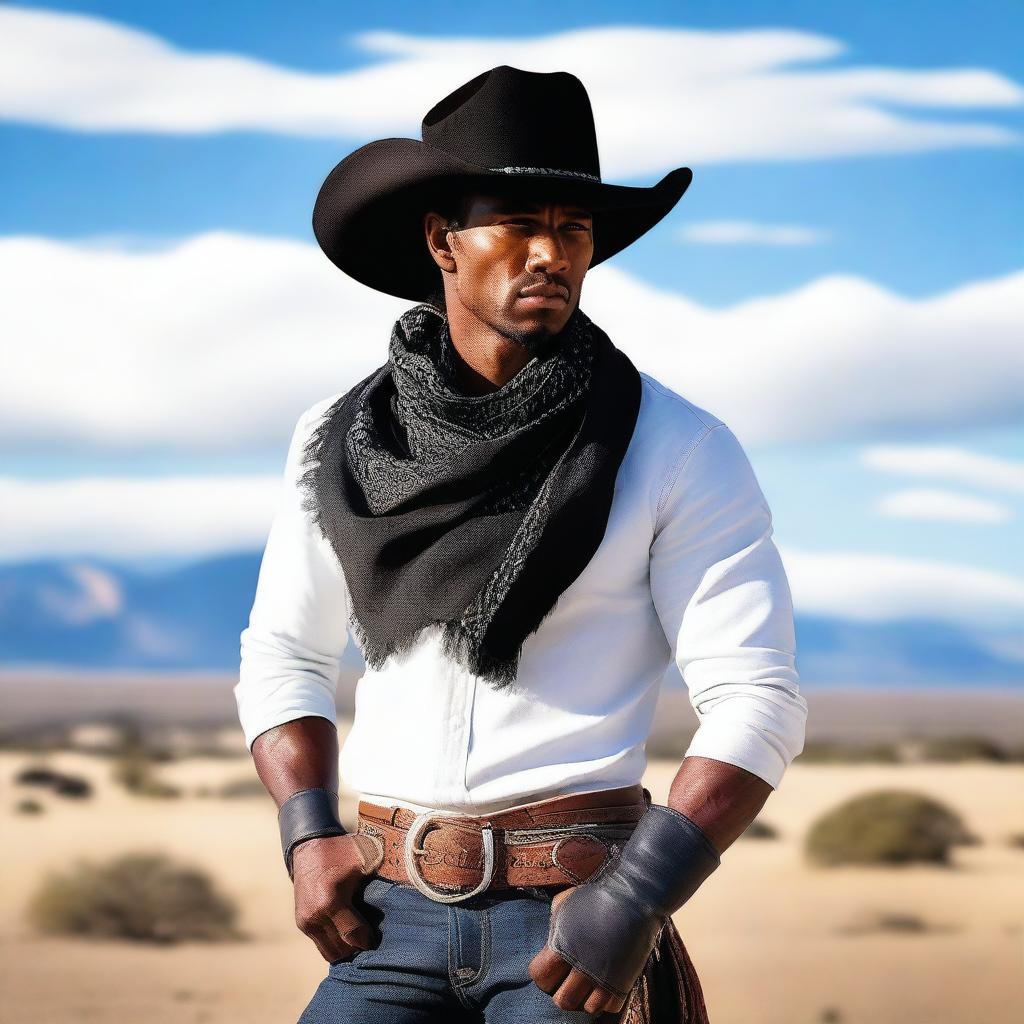 A handsome brown-skinned cowboy, wearing a black cowboy hat, cut jeans, and a bandana wrapped around his wrist, standing next to a white stallion in a western landscape