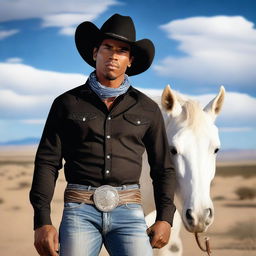 A handsome brown-skinned cowboy, wearing a black cowboy hat, cut jeans, and a bandana wrapped around his wrist, standing next to a white stallion in a western landscape