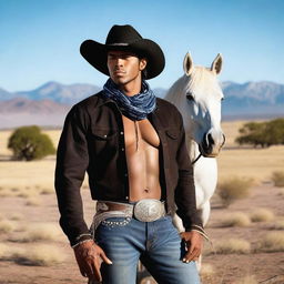 A handsome brown-skinned cowboy, wearing a black cowboy hat, cut jeans, and a bandana wrapped around his wrist, standing next to a white stallion in a western landscape