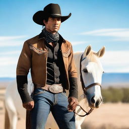 A handsome brown-skinned cowboy, wearing a black cowboy hat, cut jeans, and a bandana wrapped around his wrist, standing next to a white stallion in a western landscape