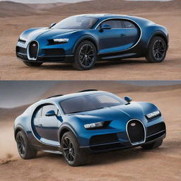 Bugatti cars transformed into luxury SUVs, maintaining the unique Bugatti luxury and high-performance aspects but redesigning for more space, durable frames, and off-road functionalities.