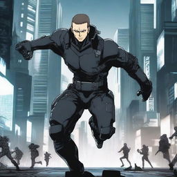 A man engaged in a fierce battle in the style of Gantz anime