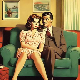 Un dibujo de película vintage que presenta a un hombre y una mujer sentados en el sofá en una sala de estar retro