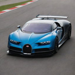 Bugatti cars morphed into high-speed Formula 1 racing cars, showcasing superior aerodynamics, a unique streamline design, and Bugatti's signature branding.