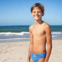 A 15-year-old boy standing without a shirt and wearing only a swimsuit