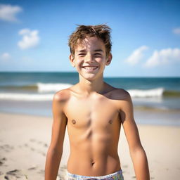 A 15-year-old boy standing without a shirt and wearing only a swimsuit