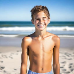 A 15-year-old boy standing without a shirt and wearing only a swimsuit