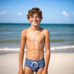 A 15-year-old boy standing without a shirt and wearing only a swimsuit