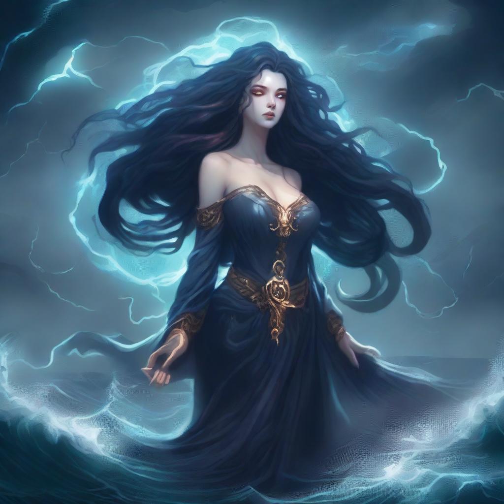 A dark and menacing sea goddess with flowing, tentacle-like hair, glowing eyes, and an aura of malevolence