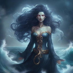 A dark and menacing sea goddess with flowing, tentacle-like hair, glowing eyes, and an aura of malevolence