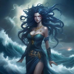 A dark and menacing sea goddess with flowing, tentacle-like hair, glowing eyes, and an aura of malevolence