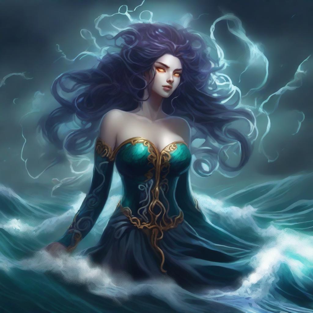 A dark and menacing sea goddess with flowing, tentacle-like hair, glowing eyes, and an aura of malevolence