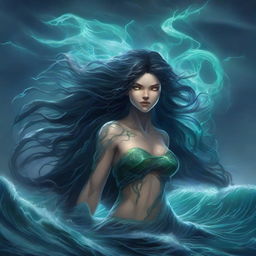 A sinister aquatic goddess of the oceans with dark, flowing hair that resembles seaweed, piercing eyes that glow with an eerie light, and an aura of malevolence