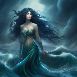 A sinister aquatic goddess of the oceans with dark, flowing hair that resembles seaweed, piercing eyes that glow with an eerie light, and an aura of malevolence