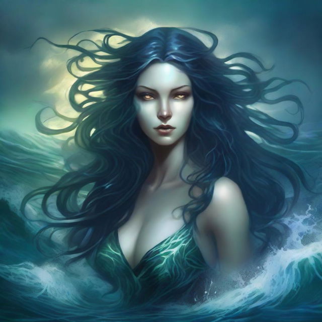 A sinister aquatic goddess of the oceans with dark, flowing hair that resembles seaweed, piercing eyes that glow with an eerie light, and an aura of malevolence