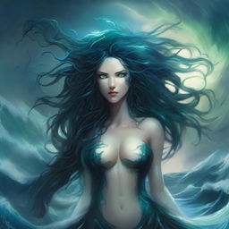 A sinister aquatic goddess of the oceans with dark, flowing hair that resembles seaweed, piercing eyes that glow with an eerie light, and an aura of malevolence